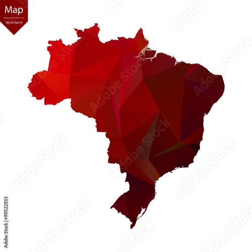 Map of Brazil - Red Geometric Rumpled Triangular , Polygonal Design For Your . Vector illustration eps 10.