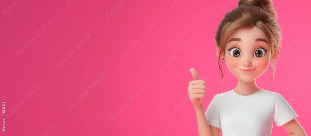 A cartoon girl with a thumbs up gesture on a pink background. The girl is smiling and he is giving a thumbs up A cartoon girl with a thumbs up gesture on a pink background. The girl is smiling and he is giving a thumbs up