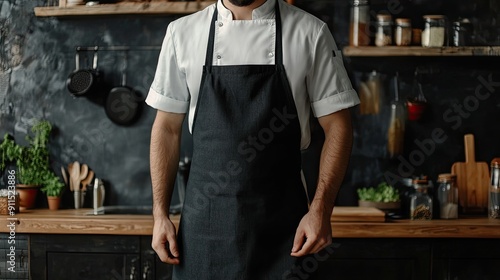 Mockup apron. Man wearing black apron mockup in the modern kitchen, chef uniform for cooking. Logo mockup