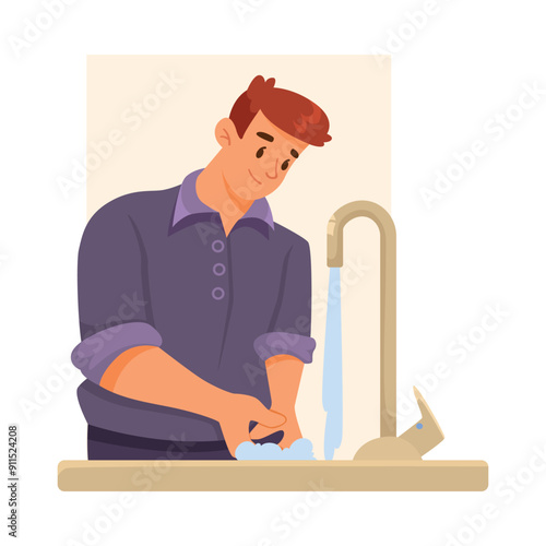 Man Character Washing Hands Supports Immunity Engaged in Healthy Lifestyle Vector Illustration