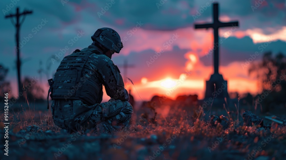 Christian soldier praying with cross icon in the background Christian soldier praying with cross icon in the background