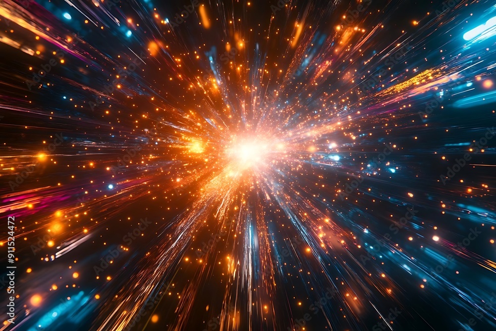 Abstract Light Burst: Orange and Blue Streaks on Black Background Abstract Light Burst: Orange and Blue Streaks on Black Background