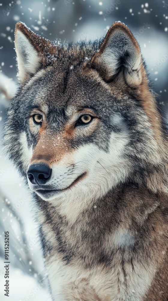 Obraz premium Majestic wolf in a snowy landscape, intense gaze, winter wildlife, powerful, natural beauty, wilderness, fierce.