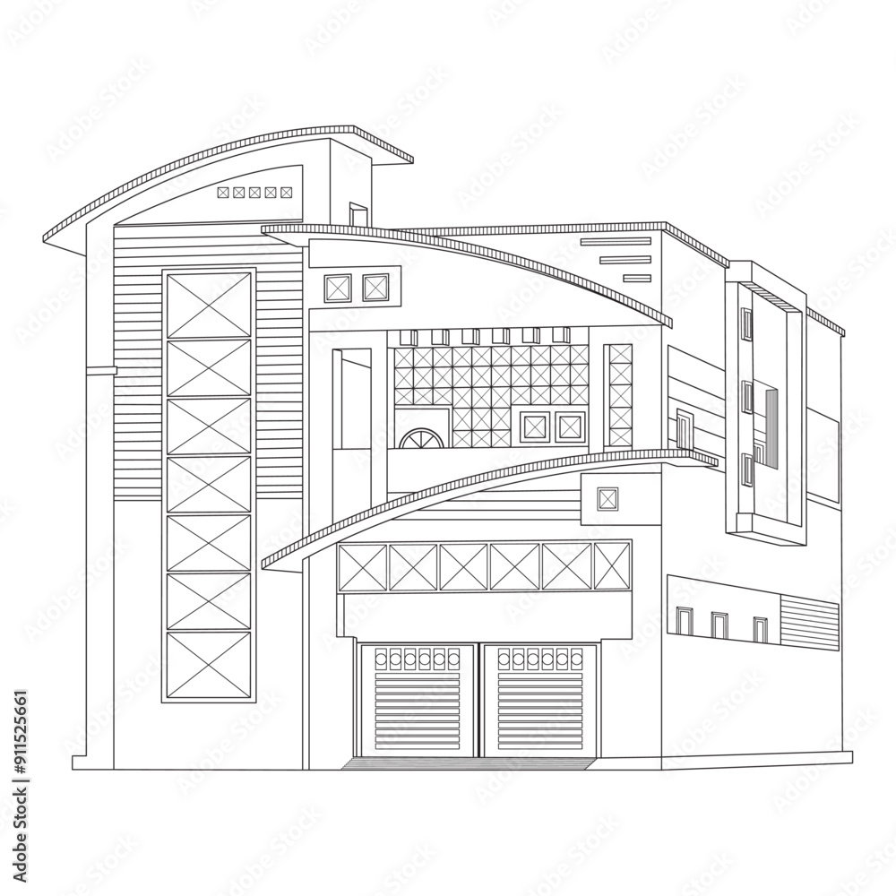 Fototapeta premium Modern building in continuous line art drawing style. Modern architecture black linear sketch isolated on white background. Editable stroke building concept, Vector illustration.