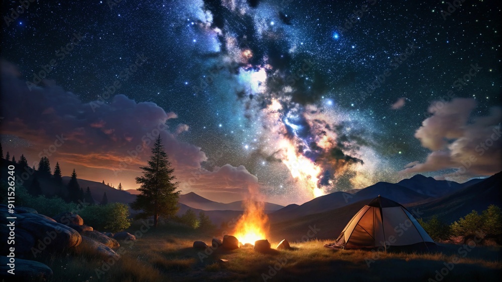 Camping fire under the amazing blue starry sky with a lot of shining stars and clouds. Travel recreational outdoor activity concept.
Camping fire under the amazing blue starry sky with a lot of shining stars and clouds. Travel recreational outdoor activity concept.