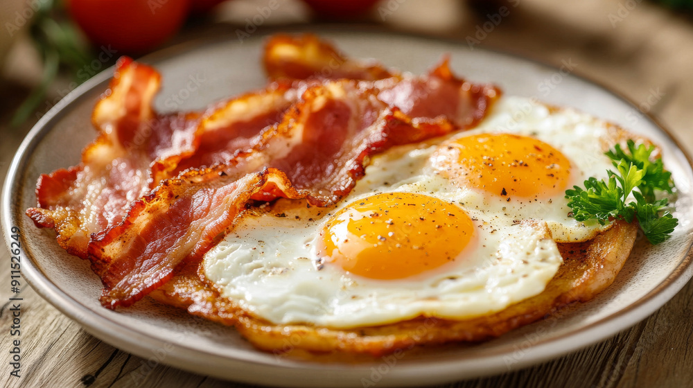 Start your morning with a hearty classic of fried eggs and crispy bacon. Start your morning with a hearty classic of fried eggs and crispy bacon.