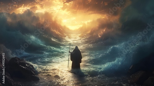 Moses stands on the edge of the Red Sea, stretching his staff over the water as it recedes to reveal dry land, dramatic lighting, high detail, rich colors, realistic textures,