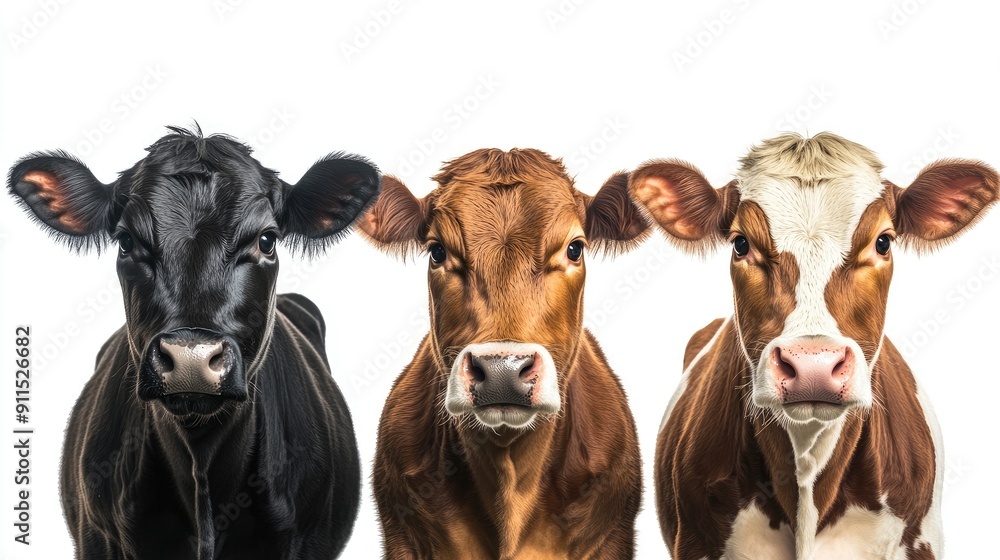Collection of images featuring three cows in different colors (black, brown, white) isolated on a white background. Perfect for animal collections and educational material. Collection of images featuring three cows in different colors (black, brown, white) isolated on a white background. Perfect for animal collections and educational material.