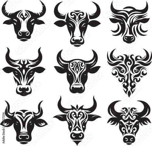 head of a bull Cow face set silhouette, tribal tattoo vector white background tattoo design