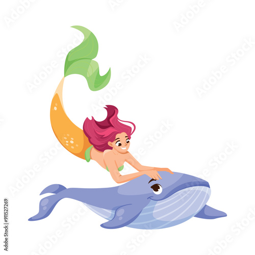 Pretty Mermaid Character with Fish Tail and Female Body with Whale Vector Illustration