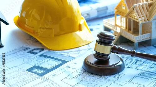 A judge's gavel on a rolled-out blueprint, with a yellow safety helmet and a small house model nearby, illustrating the importance of construction law