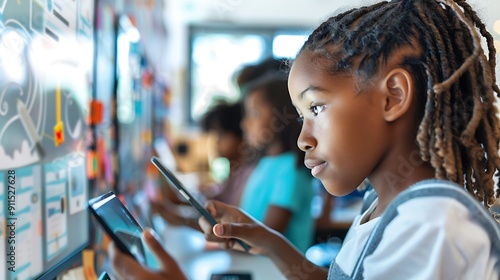 Young school childrens using tablets in classroom setting. photo