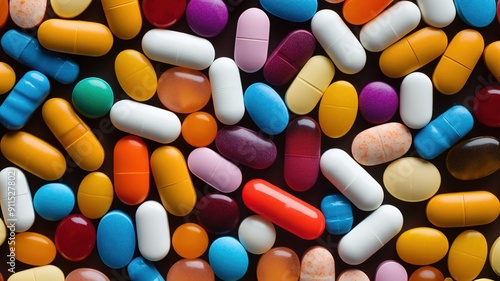 A detailed close-up of various colorful pills and capsules arranged in a visually appealing pattern