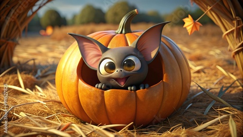 Sleepy Bat in a Pumpkin Patch  AI generated photo