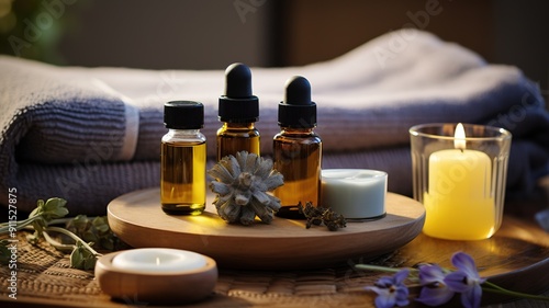 A detailed shot of a variety of essential oils and massage tools laid out neatly, ready for a relaxing oil massage session.