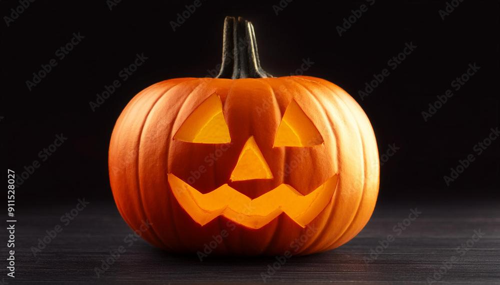 Illuminated Halloween Jack-o'-Lantern Pumpkin with a Menacing Grin on a Dark Background, Capturing the Spooky and Eerie Atmosphere of the Holiday Night Illuminated Halloween Jack-o'-Lantern Pumpkin with a Menacing Grin on a Dark Background, Capturing the Spooky and Eerie Atmosphere of the Holiday Night
