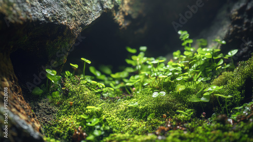 Include cave-adapted plant life like mosses, fungi, or other unique flora that thrive in the dark, humid conditions of caves.  photo