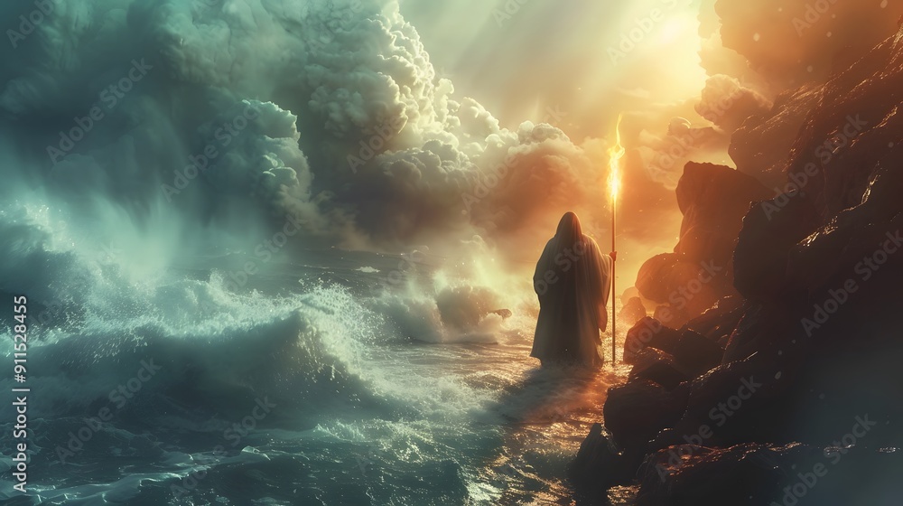 Fototapeta premium A cinematic scene of Moses' glowing staff parting the Red Sea, the path emerging as the waters recede, intense lighting, high detail, vivid colors, realistic textures, epic scale, dramatic atmosphere,