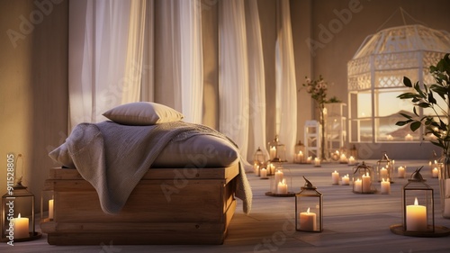 An elegant room with soft lighting where a person is receiving an aromatic oil massage, surrounded by candles and soft music. photo