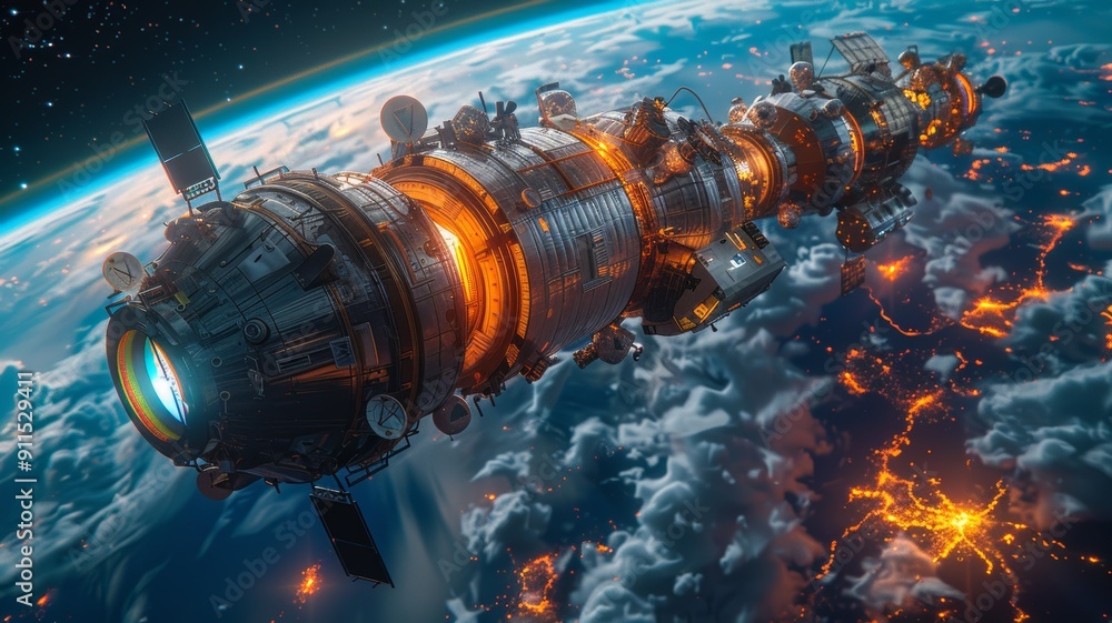 A space station orbiting Earth A space station orbiting Earth