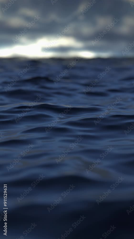 View of the dark ocean surface. Sea and sky landscape, defocused effect and stormy clouds as a background. Slow motion over serene water. Calm before the storm. Bad weather, tropical storm. Vertical View of the dark ocean surface. Sea and sky landscape, defocused effect and stormy clouds as a background. Slow motion over serene water. Calm before the storm. Bad weather, tropical storm. Vertical
