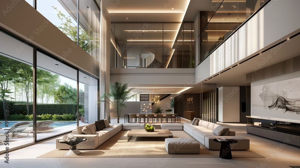 Fototapeta premium A two-story villa. In Dubai. by Hooshang Seyhoun. Modern style. This villa has large floor-to-ceiling windows. Arabic concept with geometrical line