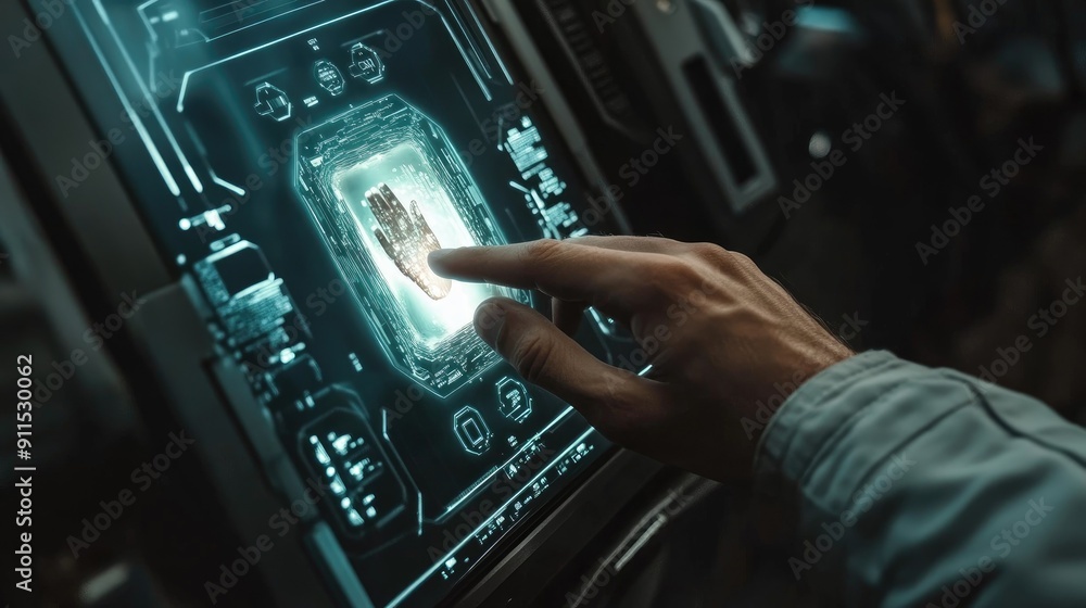 Obraz premium hand is touching hologram screen