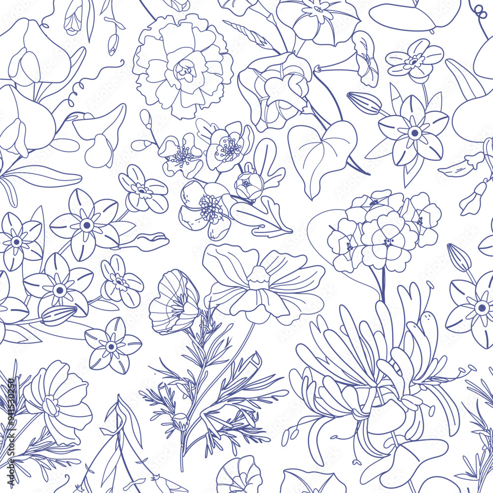 Fototapeta premium Summer outline floral Seamless pattern. Vector hand drawn summer flower background for print, wrapping paper, textile, fabric