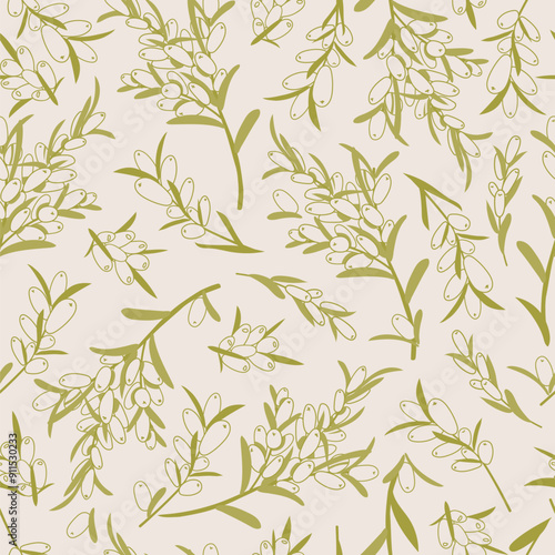 Seamless vector pattern of sea buckthorn leaves and berries. Green outline Hippophae on a beige background. For print, wrapping paper, textile, fabric