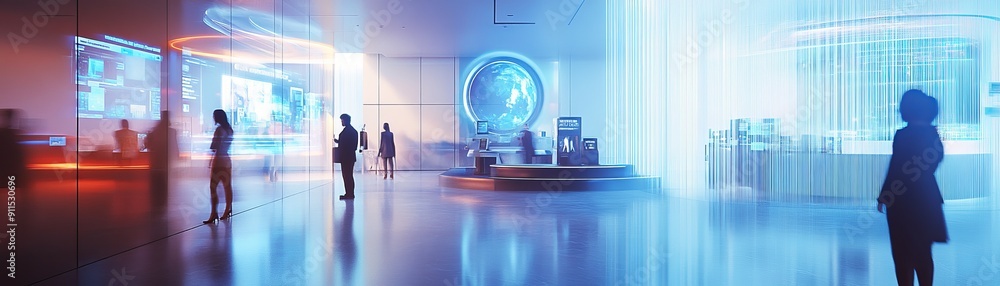 A futuristic bank lobby with customers interacting with holographic screens and AI assistants for efficient banking and financial management services A futuristic bank lobby with customers interacting with holographic screens and AI assistants for efficient banking and financial management services