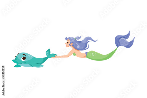 Pretty Mermaid Character with Fish Tail and Female Body with Dolphin Vector Illustration