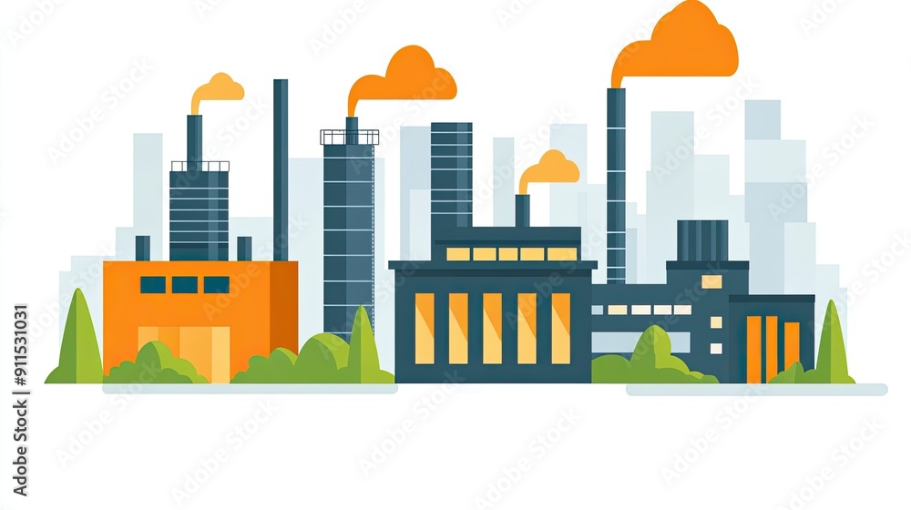 A modern industrial scene featuring factories, smokestacks, and urban buildings against a cloudy skyline. A modern industrial scene featuring factories, smokestacks, and urban buildings against a cloudy skyline.
