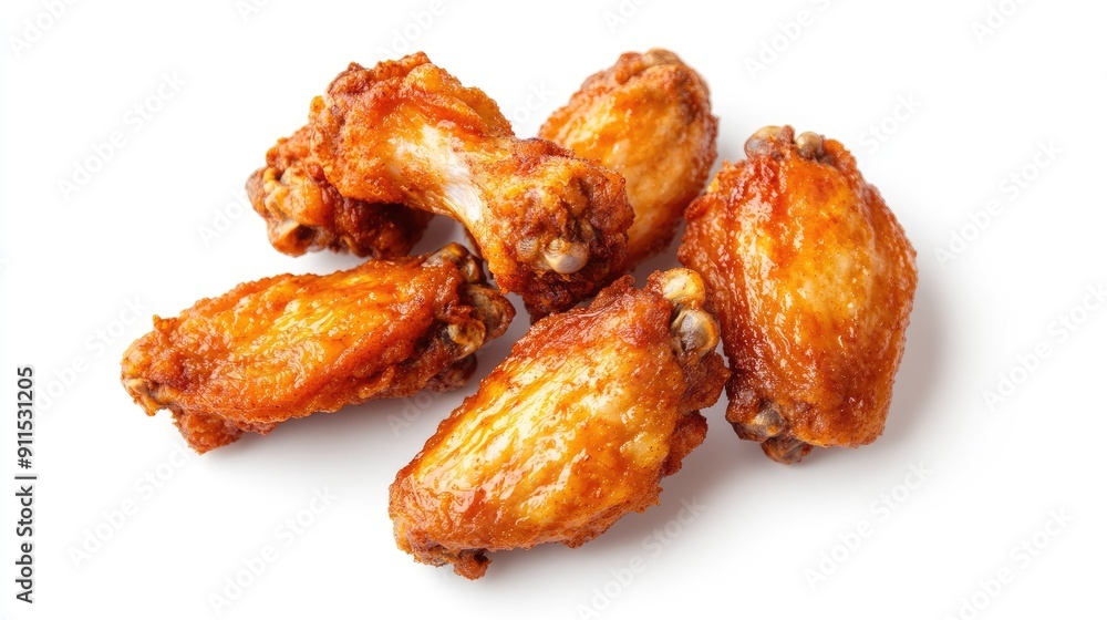Top-down view of crispy chicken wings on a plain white background. Ideal for promotional material with ample copy space. Top-down view of crispy chicken wings on a plain white background. Ideal for promotional material with ample copy space.