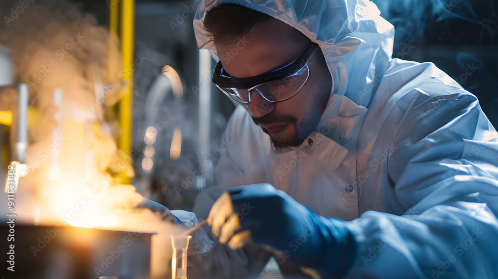 Scientist in lab coat analyzes mercury levels in atmosphere using specialized equipment and tools. Scientist in lab coat analyzes mercury levels in atmosphere using specialized equipment and tools.