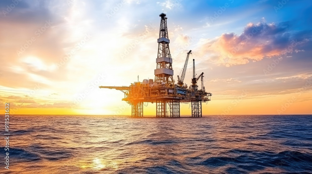 An oil rig stands tall in the ocean at sunset, showcasing modern engineering and the beauty of nature together. An oil rig stands tall in the ocean at sunset, showcasing modern engineering and the beauty of nature together.