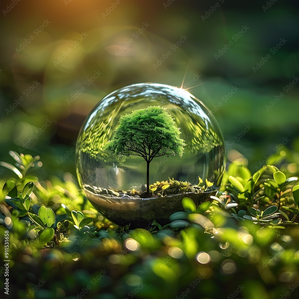 Globe ball with tree growing and green nature blur background, Eco concept, Saving environment, Save clean planet, Ecology concept, Card for world earth day, generative Globe ball with tree growing and green nature blur background, Eco concept, Saving environment, Save clean planet, Ecology concept, Card for world earth day, generative