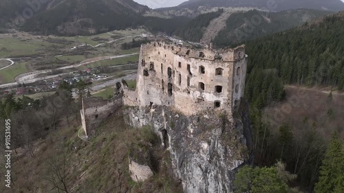 Aerial view of Likava Castle in the village of Likavka in Slovakia photo