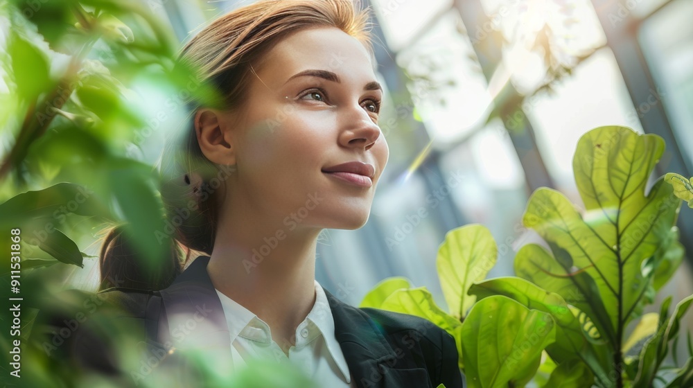 Woman in Business Attire Enjoying Nature Indoors Woman in Business Attire Enjoying Nature Indoors