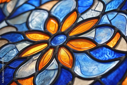Close-up view of a vibrant stained glass flower design featuring shades of blue, orange, and intricate detailing.