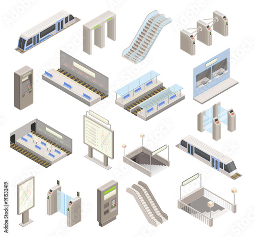 Isometric Metro Station Element Collection with Train, Escalator and Map Vector Set