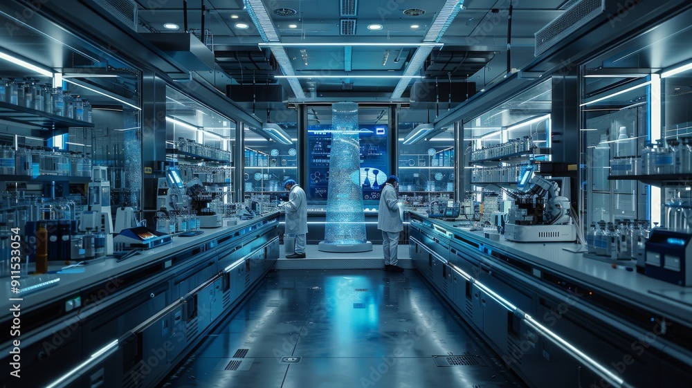 A futuristic laboratory with scientists working on advanced holographic screens and cutting-edge equipment A futuristic laboratory with scientists working on advanced holographic screens and cutting-edge equipment