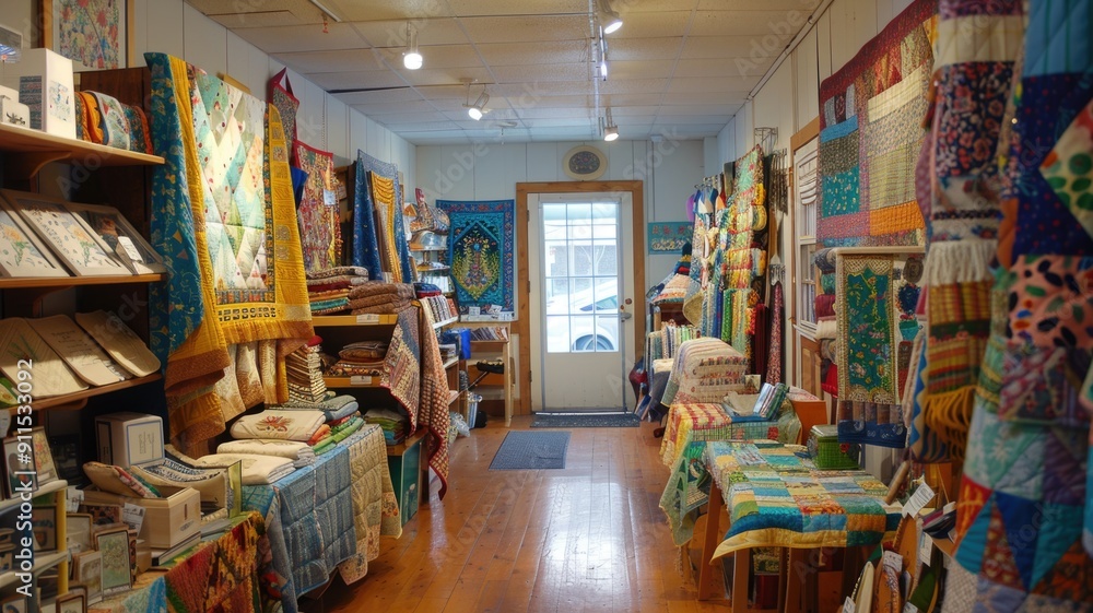 Cozy quilting studio filled with colorful fabric, handmade quilts, and crafting supplies, Cozy quilting studio filled with colorful fabric, handmade quilts, and crafting supplies,