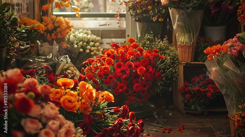Wallpaper Mural background with overflowing flower shop floor with different types of flowers such as poppies, roses and other red flowers. The red of the flowers is the same colour as the vodafone logo Torontodigital.ca