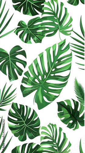 Vibrant green tropical leaves on white background, perfect for summery and exotic designs. 