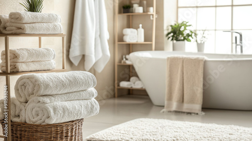 Show a plush, well-decorated bathroom with neatly folded bath towels on a rack, fluffy towels hanging by a bathtub, and rolled-up towels on a shelf, creating a sense of comfort and luxury.