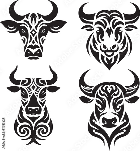 head of a bull Cow face set silhouette, tribal tattoo vector white background tattoo design