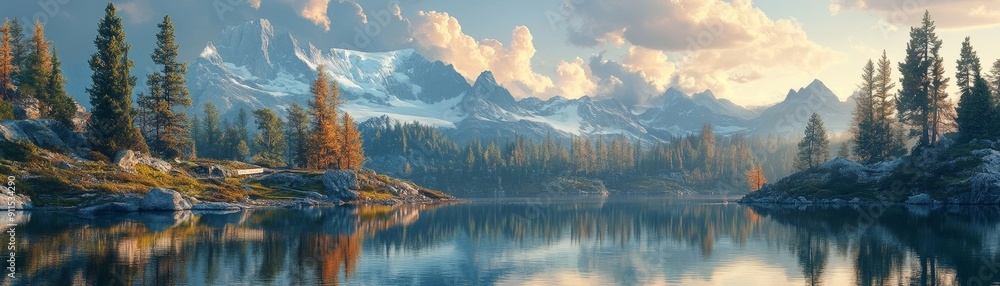 A serene lakeside scene with crystal-clear waters reflecting the surrounding snow-capped mountains and a tranquil forest in the early morning light of a crisp sunrise A serene lakeside scene with crystal-clear waters reflecting the surrounding snow-capped mountains and a tranquil forest in the early morning light of a crisp sunrise
