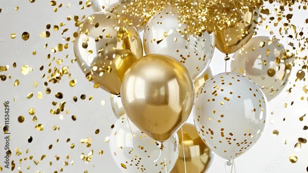 Golden and white balloons white festive background with falling ...