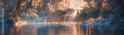 Winter Waterfall Scene with Snowy Trees and Sparkling Water