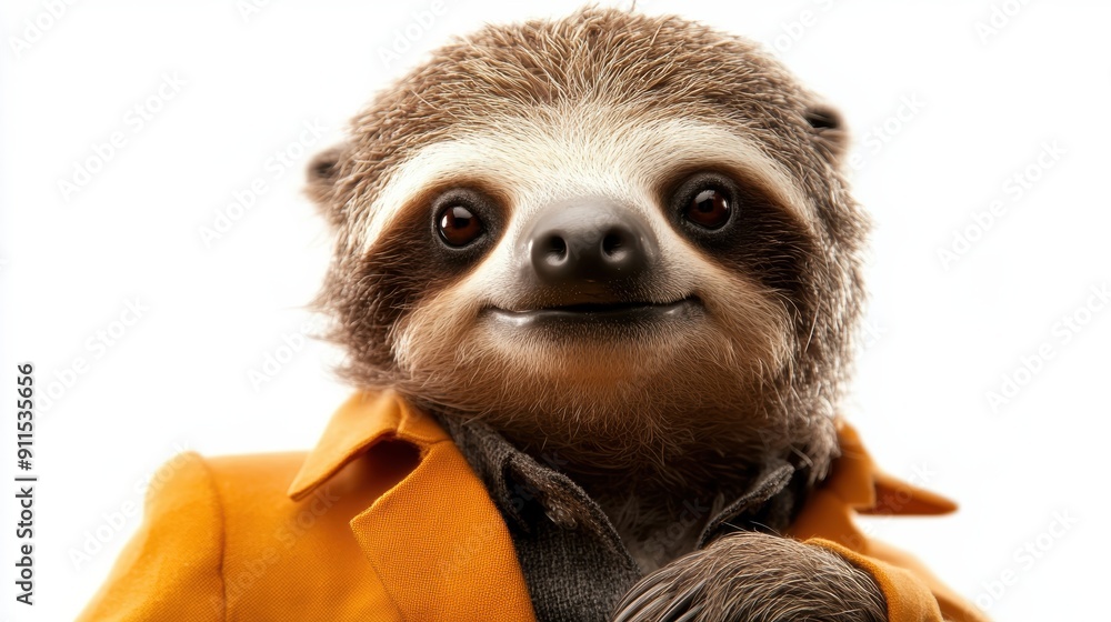 Fototapeta premium A brown sloth wearing a suit and tie is smiling